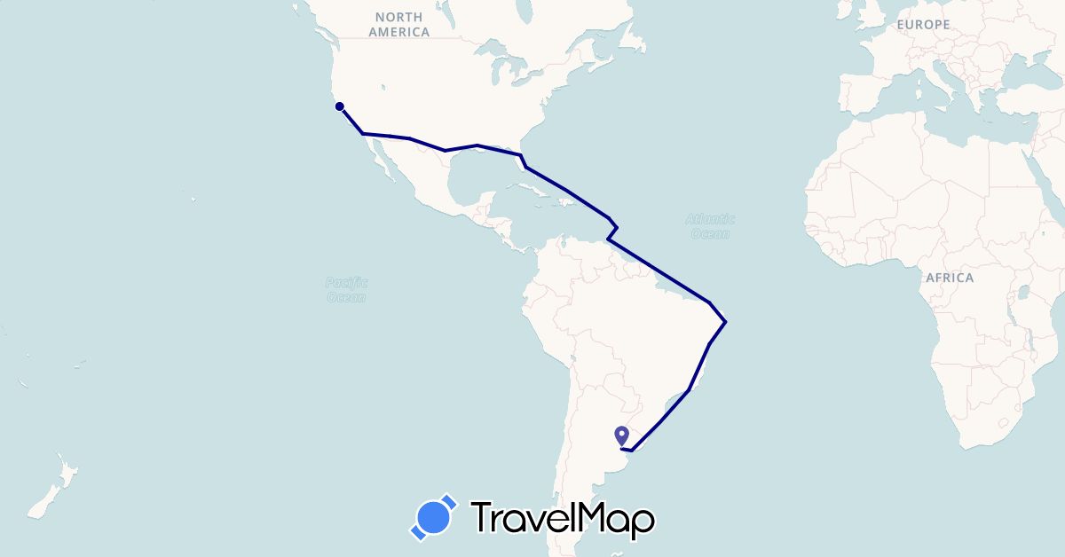 TravelMap itinerary: driving in Argentina, Barbados, Brazil, Dominica, French Guiana, Trinidad and Tobago, United States, Uruguay (North America, South America)